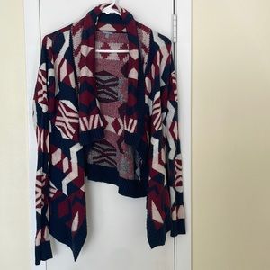 Navy and burgundy, geometric design flowing lapel cardigan sweater, size small
